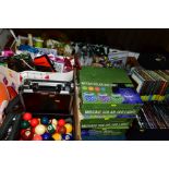 FOUR BOXES AND LOOSE OF SPORTING EQUIPMENT, HOUSEHOLD SUNDRIES, NOVELTY/PARTY ITEMS, CDS, DVDS, etc,