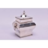 A SECOND HALF 20TH CENTURY SILVER PLATE ON COPPER TEA CADDY OF BOMBE FORM, knopped finial, gadrooned