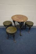 A CAST IRON CIRCULAR PUB TABLE with a wooden top, diameter 62cm x height 71cm and three similar