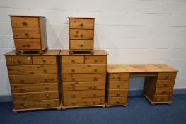 A SET OF SIX PIECES OF PINE BEDROOM FURNITURE, to include two chest of two over five long drawers,