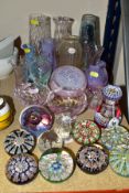 A COLLECTION OF GLASS VASES, BOWLS AND PAPERWEIGHTS, including Caithness, Royal Brierley, Strathearn