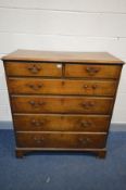 A GEORGIAN OAK CHEST OF TWO SHORT OVER FOUR GRADUATED DRAWERS, drop handles, on bracket feet,