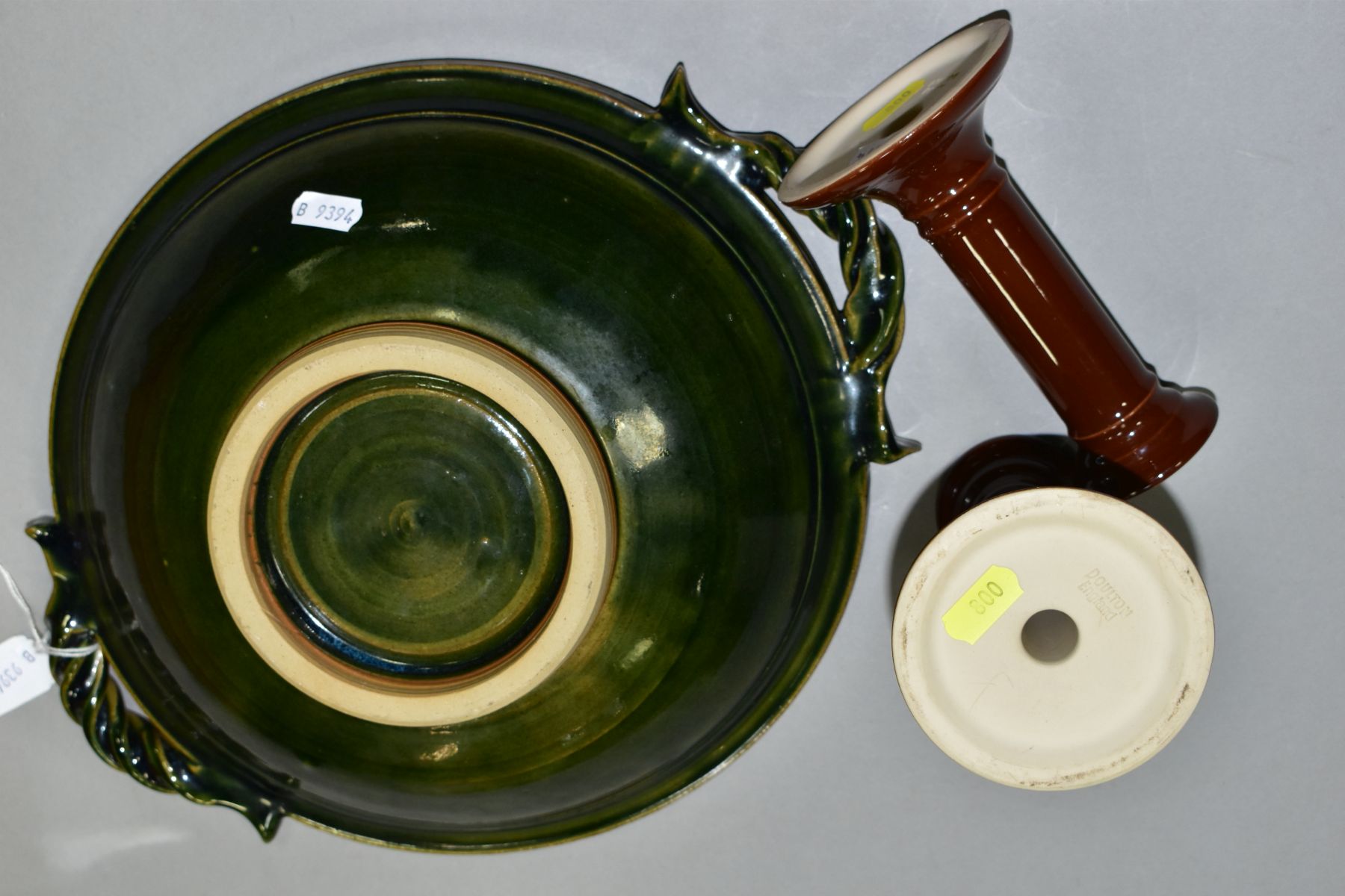 A PAIR OF DOULTON BROWN GLAZED CANDLESTICKS AND A STUDIO POTTERY TWIN HANDLED BOWL, the candlesticks - Image 5 of 5