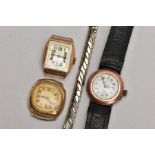 A GENTS 9CT GOLD WRISTWATCH AND TWO OTHERS, the first with a rectangular dial, Arabic numerals,
