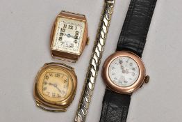 A GENTS 9CT GOLD WRISTWATCH AND TWO OTHERS, the first with a rectangular dial, Arabic numerals,
