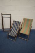 THREE VINTAGE FOLDING DESK CHAIRS, two with stripped fabric, one with no fabric (Sd)