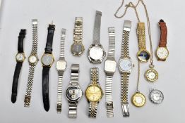 A SELECTION OF WATCHES, to include gentleman's and lady's wristwatches with metal and leather