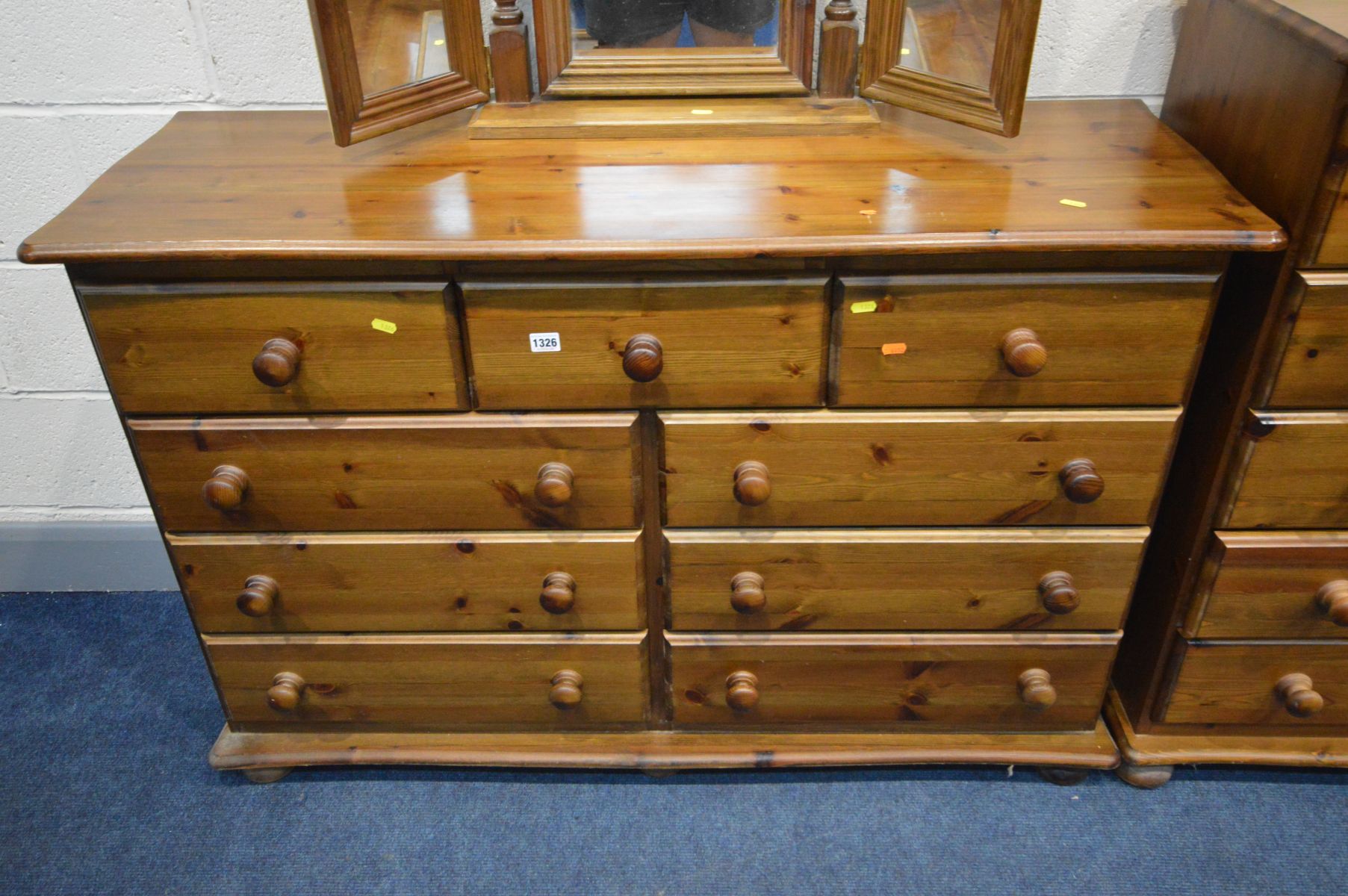 A PINE SIDEBOARD/CHEST OF NINE ASSORTED DRAWERS, width 127cm x depth 44cm x height 87cm, triple - Image 2 of 5