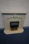 A CREAM STONE EFFECT FIRE PLACE, with surround electric fire, width 122cm x depth 39cm x height