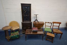 A QUANTITY OF OCCASSIONAL FURNITURE to include an arts and crafts style occasional table, oak lead