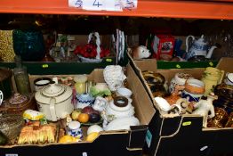 FOUR BOXES OF CERAMICS AND GLASS to include two tobacco jars, treacle glazed, height 14.5cm (missing