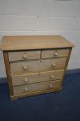 A 20TH CENTURY ASH CHEST OF TWO OVER THREE LONG DRAWERS, width 103cm x depth 49cm x height 100cm (