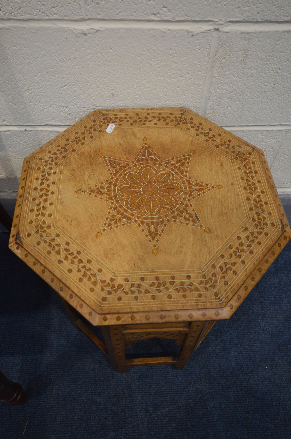 A 19TH CENTURY ANGLO INDIAN HARDWOOD AND INLAID OCTAGONAL FOLDING OCCASIONAL TABLE, along with two - Image 3 of 3