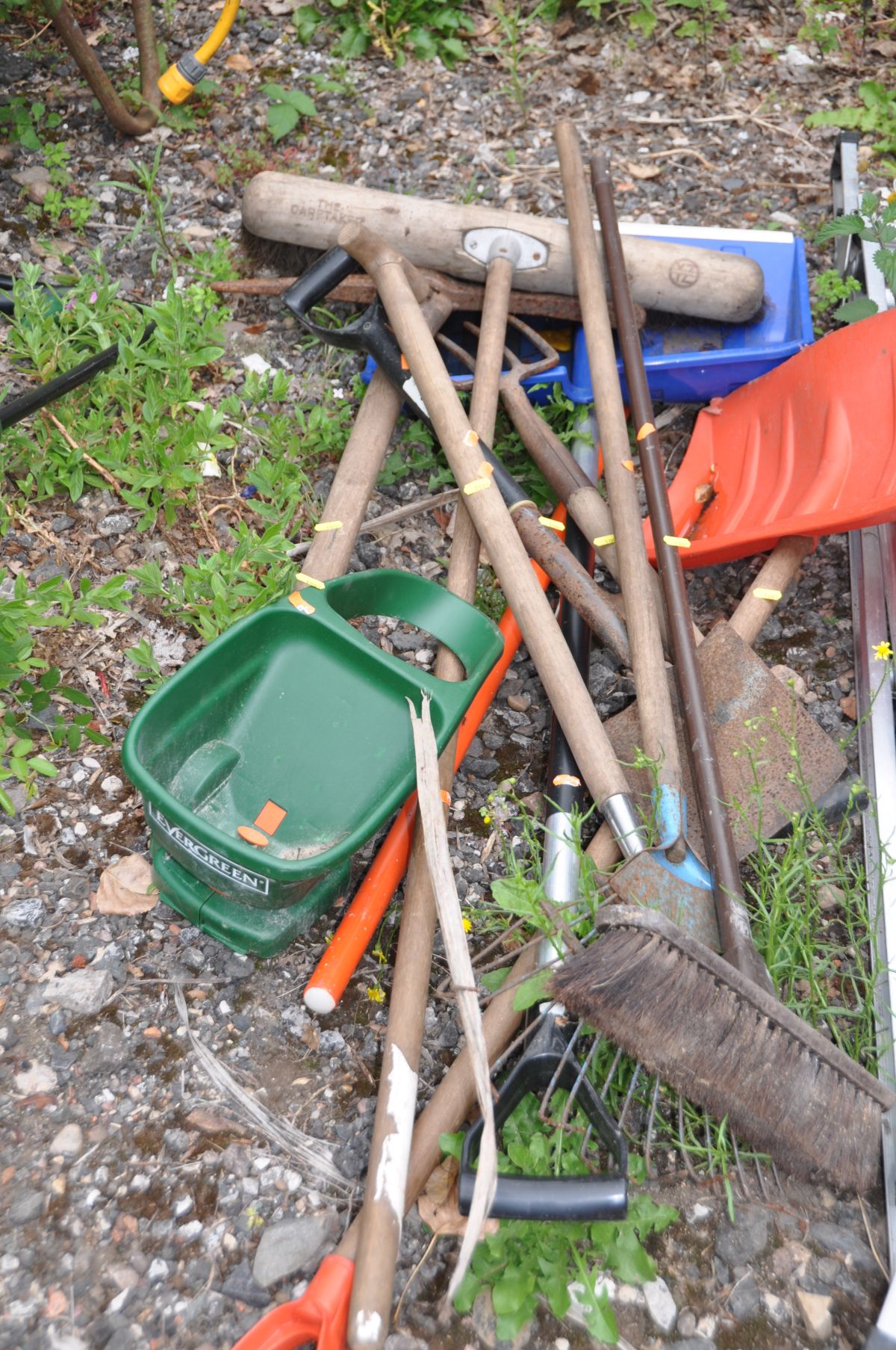 A QUANTITY OF GARDEN TOOLS AND A WHEELBARROW including spades, rakes, seed spreaders, hosepipe on - Image 2 of 3