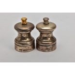 A PAIR OF SILVER SALT AND PEPPER MILLS, plain polished design, hallmarked 'Laurence R Watson & Co'