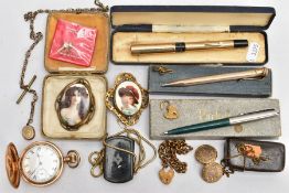 A BOX OF MISCELLANEOUS ITEMS, to include a gold-plated full hunter pocket watch, round white dial