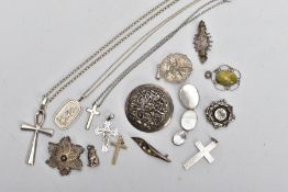 A BAG OF ASSORTED SILVER AND WHITE METAL JEWELLERY, to include a silver Egyptian key pendant
