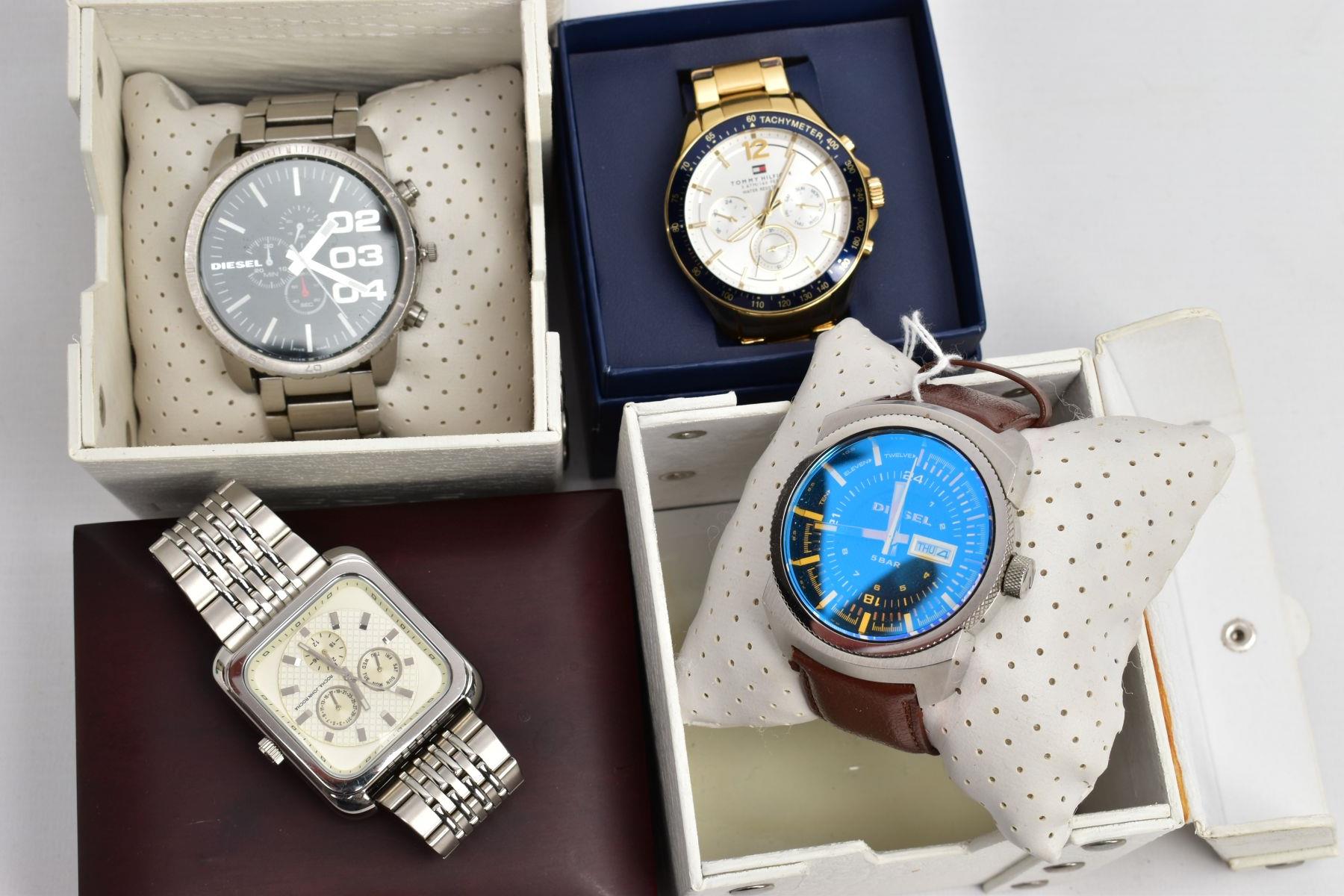 FOUR BOXED GENTS WRISTWATCHES, to include a 'Tommy Hilfiger' chronograph wristwatch fitted with a