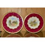 A PAIR OF ROYAL WORCESTER CABINET PLATES, pale yellow, claret and gilt ground border surrounding