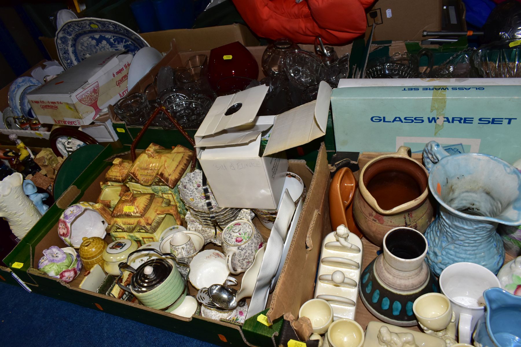 EIGHT BOXES AND LOOSE ITEMS OF CERAMICS, GLASS AND METALWARE to include Czechoslovakian cruet set