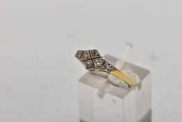 AN ART DECO DIAMOND SET RING, yellow and white metal ring, the head of the ring as an almost lozenge