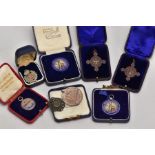 A TRAY OF ASSORTED SILVER AND METAL FOB MEDALS, to include an enamelled brooch medal for the '