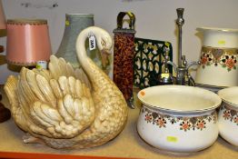 A GROUP OF TABLE LAMPS, SCALES, FIRESIDE ITEMS, CERAMICS, etc, including a late Victorian pottery