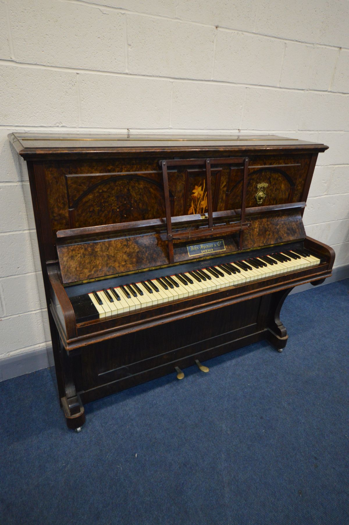 JOHN AND SPENCER & CO, LONDON, an upright overstrung piano, with twin brass candle holders (loose - Image 2 of 5