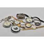 A BAG OF ASSORTED WRISTWATCHES, A POCKET WATCH AND TWO STOP WATCHES, to include five ladies