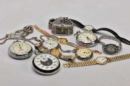 A BAG OF ASSORTED WRISTWATCHES, A POCKET WATCH AND TWO STOP WATCHES, to include five ladies