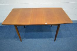 A MID 20TH CENTURY TEAK EXTENDING DINING TABLE, with a single additional leaf, on tapered