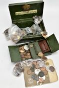 A STRONG BOX AND CARDBOARD BOX OF MIXED COINAGE to include 1890 crown, a 1887 double florin, (