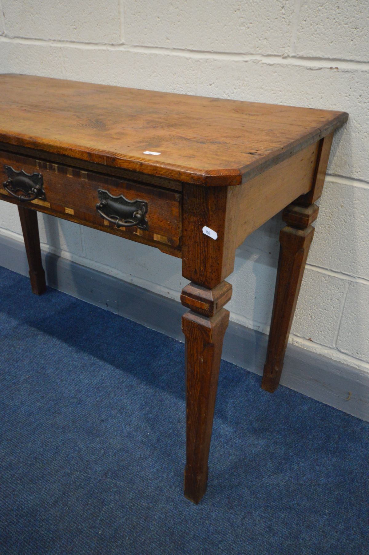 A 19TH CENTURY PITCH PINE SIDE TABLE with two drawers, on square chamfered legs, width 105cm x depth - Image 3 of 4