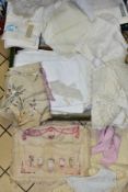 TWO BOXES OF VINTAGE TABLE LINEN, BED LINEN AND COSTUME, including 'The Wedgwood Famous Wear' set of