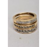 THREE 9CT GOLD DIAMOND SET HALF ETERNITY RINGS, two rings each set with a row of round brilliant cut