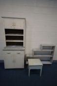 AN EARLY 20TH CENTURY WHITE PAINTED KITCHEN UNIT, double cupboard doors above two shelves, two