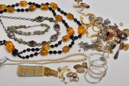 A BAG OF ASSORTED COSTUME JEWELLERY, to include a silver gilt curb link 'MUM' bracelet set with