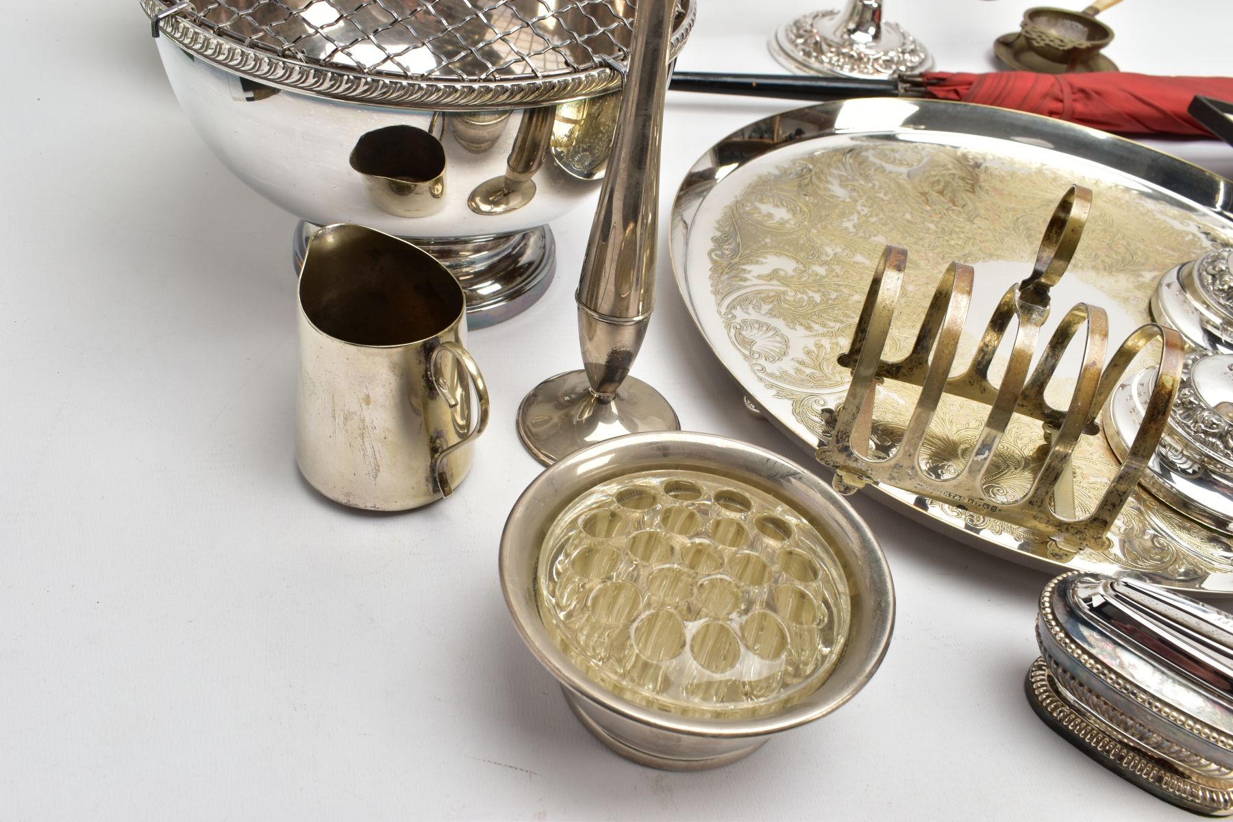 A BOX OF ASSORTED WHITE METAL WARE, to include a silver-plate 'Oneida' rose bowl, a large circular - Image 4 of 12