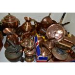 TWO BOXES AND LOOSE OF COPPER AND BRASSWARE to include kettles, bed warmers, watering can,