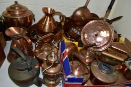 TWO BOXES AND LOOSE OF COPPER AND BRASSWARE to include kettles, bed warmers, watering can,