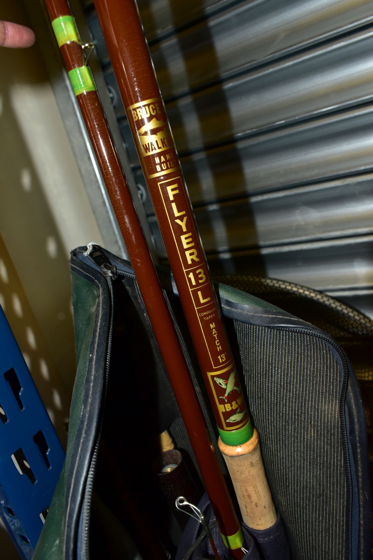 A BOX OF RECORDS, TWO FISHING RODS, BOX OF REELS, UMBRELLA AND TWO NETS, fishing rods including - Image 3 of 5