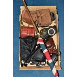 A BOX OF CAMERAS AND OTHER ITEMS AND VINTAGE UNION FLAG, to include a Brownie model D camera, No 2