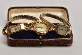 THREE 9CT GOLD LADIES WRISTWATCHES, each fitted with a gold-plated flexi link bracelet, the first