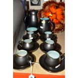 FIFTEEN PIECES OF LAKES CORNISH POTTERY, TRURO COFFEE SET AND FOREIGN CERAMIC DISH, the coffee set