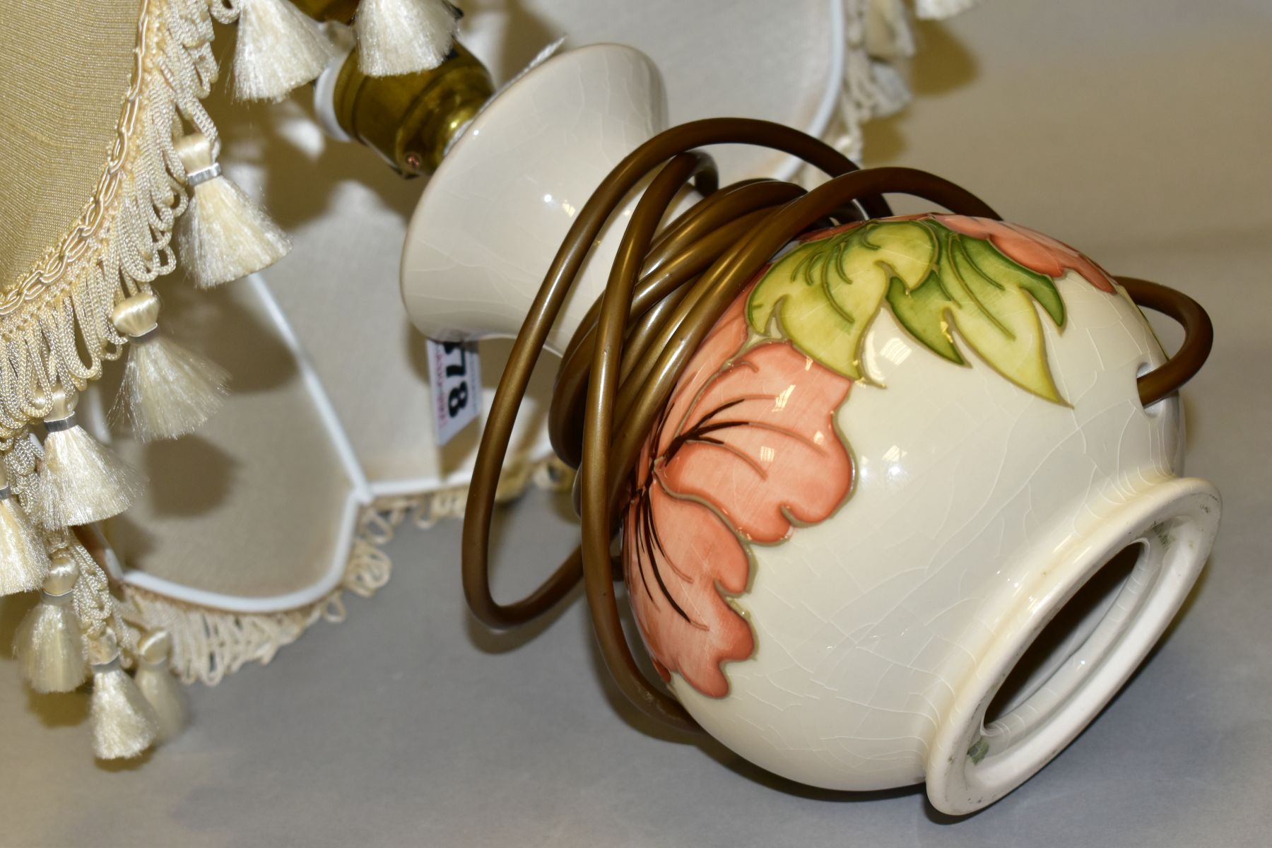 A MOORCROFT POTTERY BALUSTER TABLE LAMP, decorated with coral Hibiscus on a cream ground, - Image 3 of 5