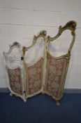 A LOUIS XV STYLE CREAM AND PARCEL GILT GRADUATED THREE FOLD BEDROOM SCREEN, overall length 134cm x