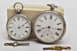 TWO EARLY 20TH CENTURY SILVER OPEN FACE POCKET WATCHES, both with white faces and black Roman