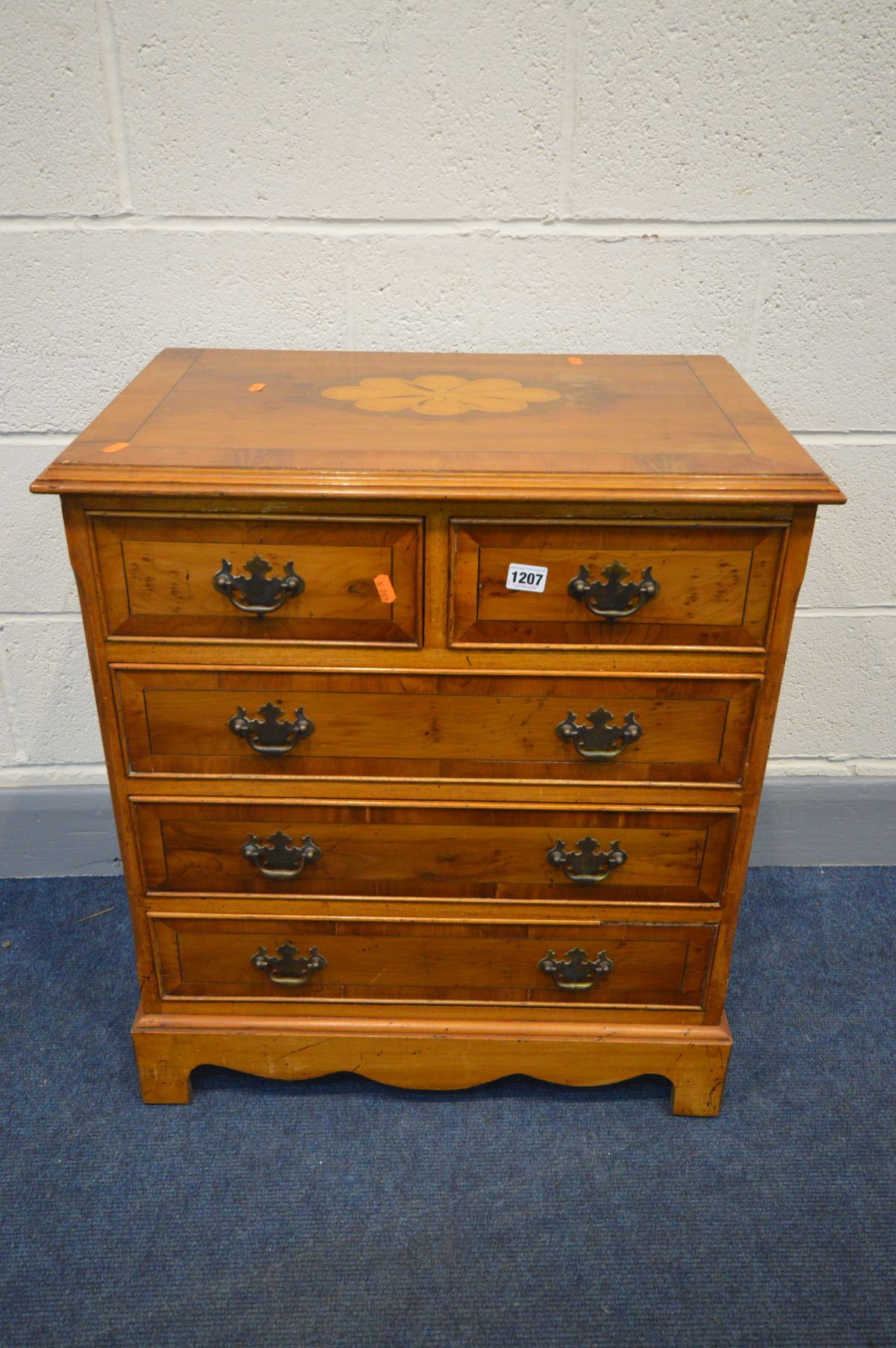 A REPRODUCTION YEW WOOD AND INLAID CHEST OF TWO SHORT OVER THREE LONG DRAWERS, width 63cm x depth