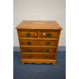 A REPRODUCTION YEW WOOD AND INLAID CHEST OF TWO SHORT OVER THREE LONG DRAWERS, width 63cm x depth