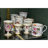 NINE PIECES OF MID 19TH CENTURY BRITISH PORCELAIN HAND PAINTED WITH FLOWERS, comprising a mug,